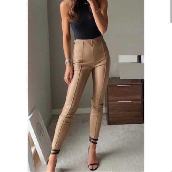 Zara Pants - NWT Zara Tan Faux Leather Skinny Mid-Rise Legging Pants. Size Small.
